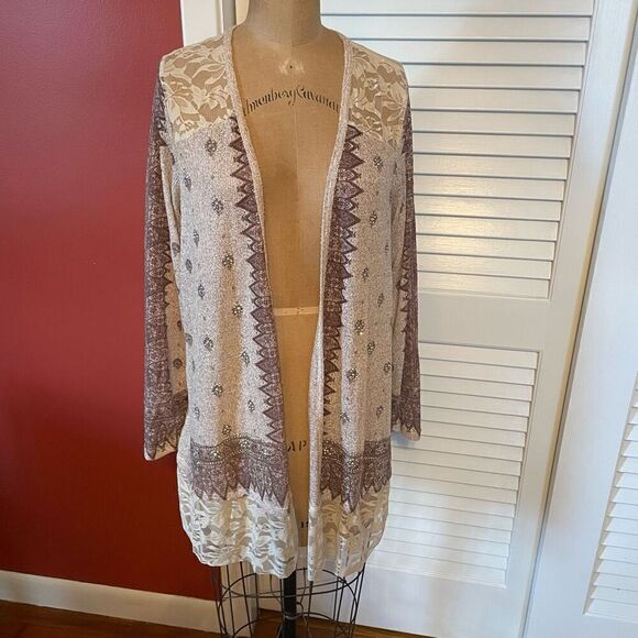 VOICE OF CALIFORNIA | earth tone open cardigan with beads and lace S - Picture 1 of 7